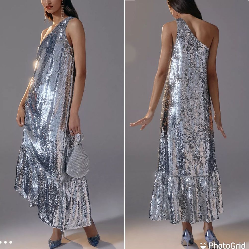 NEW Anthropologie Maeve Sequin One Shoulder Ruffle Midi Dress Silver
